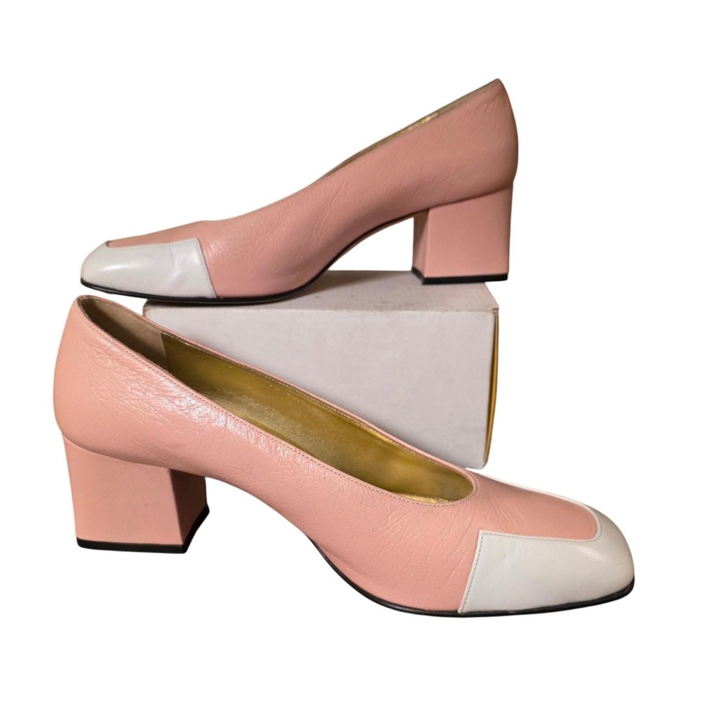 Escada Pink and White Leather Block Heel Pumps - Picture 2 of 7